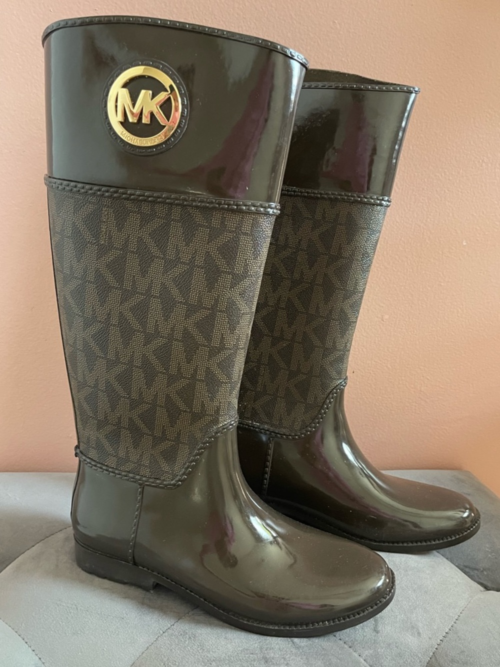 Michael Kors Dark Brown MK Logo Glossy Rain Boots